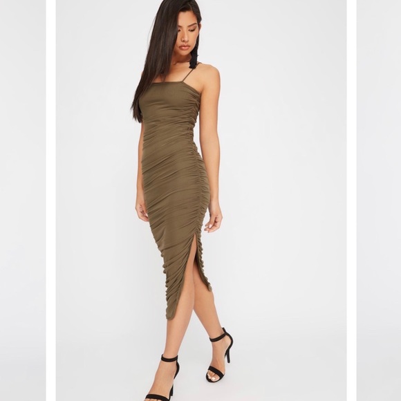 Olive green Mesh Ruched Midi Dress - Picture 1 of 2